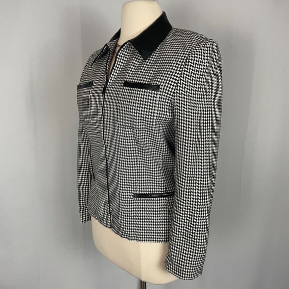 Vintage Jacket Size 14 Black White Houndstooth Full Zip Faux Leather Trim 90s - Picture 7 of 13